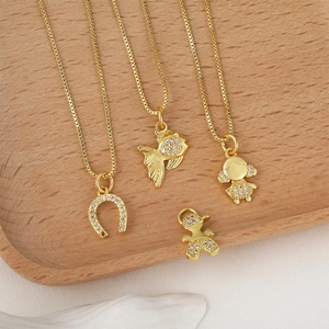 18k gold plated necklace with zircon horse shoe, fish, girl and bear animal pendants