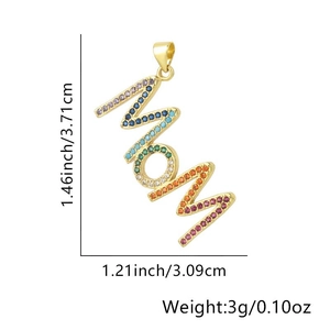Dimensioni dettagliate del ciondolo MOM con zirconi colorati e placcatura in oro lucido
