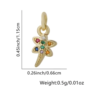 Detailed dimension guide for gold dragonfly pendant with colorful zircon stones