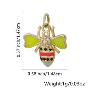 Detailed dimensions of bee pendant with gold plating, cubic zirconia, and enamel inlay