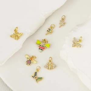 Gold-plated bee and butterfly charms with sparkling zircons and enamel for DIY necklaces
