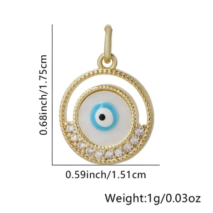 Detailed view of evil eye gold pendant showing dimensions 1.75cm x 1.51cm and weight 1g