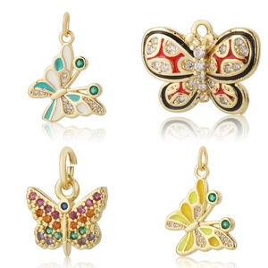 Pendenti a farfalla placcati oro 18K con micro zirconi e decorazioni in smalto colorato