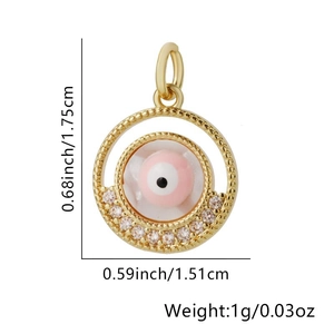 Detail view of pink evil eye pendant with dimensions 1.75cm height and zircon inlay