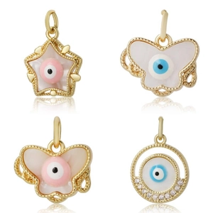 Gold evil eye pendants in star, butterfly, and round shapes with zircon and mother of pearl