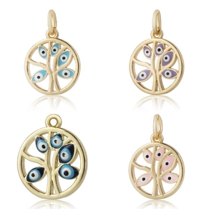 Gold tree of life pendants with colorful devil eye charms in four vibrant colors