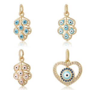 Gold evil eye pendants featuring flip-flop heart and leaf shapes with crystal accents
