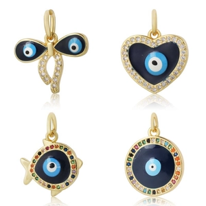 Set of flip-flop pendants with evil eye enamel patterns and sparkling crystal accents