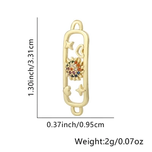 Detailed view of 18K gold plated connector with colorful zircon sun and heart charms