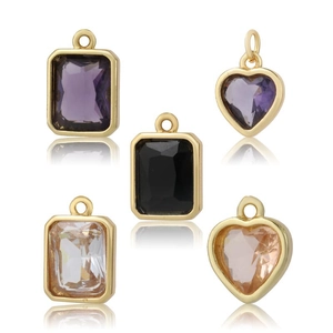 Pendenti vintage francesi a cuore e rettangolari in zircone con cornici in oro