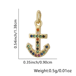 Detailed size chart of the gold anchor pendant with colorful pavé stones and weight info