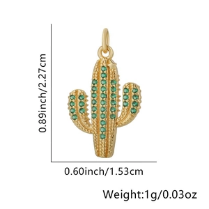 Detailed size chart of a gold cactus pendant with green crystal paving showing dimensions