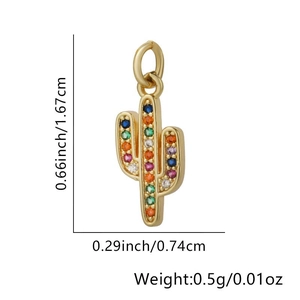 Detailed view of gold cactus pendant with dimensions 0.66 x 0.29 inch and weight info