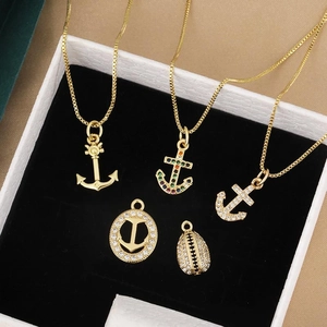 Chic gold-plated cactus and anchor pendant necklace set with colorful zircon pavé stones