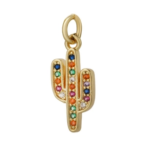 Gold cactus pendant necklace with colorful sparkling crystals and round hanging loop