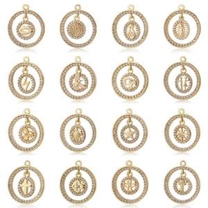 Ciondolo Rotondo in Rame con Intarsio di Zirconia Cuore Animale Croce Modello Placcato Oro Ciondolo Oscillante per Collana DIY