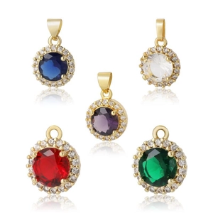 Pendenti rotondi placcati oro con zirconi colorati in blu, rosso, viola e verde smeraldo