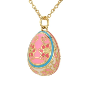 Collana con ciondolo a uovo in smalto rosa e blu con intricati dettagli floreali dorati