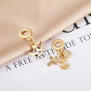 DIY Copper 18K Gold Plated Enamel Charm Pendants Rhinestone Soccer Heart Anchor Cross Love Letter Jewelry Making Accessories