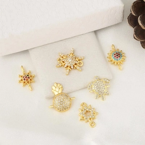 Set of six gold plated copper charms with colorful cubic zirconia for DIY jewelry making