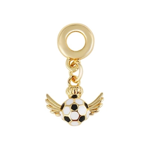 18k gold plated flying soccer ball charm with crown and wings on white background