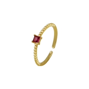 Bague réglable dorée avec zircon rouge carré et texture perlée pour femme