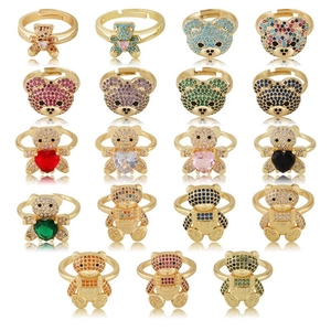 Fashionable Gold Plated Copper Bear Ring For Women Micro Inlaid Zirconia Open Adjustable Ring Animal Finger Jewelry Gift