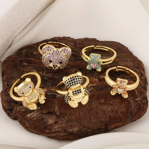 Adjustable gold plated bear ring set with colorful zircon stones and animal motifs