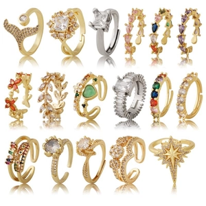 Vintage Palace Style Zirconia Inlaid Adjustable Copper Rings For Women Fashion Geometric Open Finger Jewelry Accessory