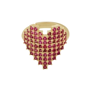 Adjustable gold plated ring with micro-paved red zircon pixel heart for women