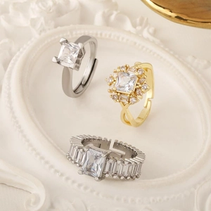Vintage luxury adjustable open rings in gold and silver with square zirconia stones