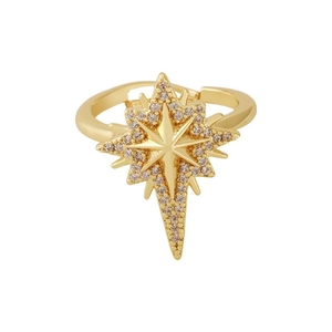 Vintage golden starburst open ring with sparkling zircon crystals and adjustable band