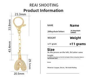 Spécifications de taille pour le porte-clés lettre A plaqué or 18K avec zircons
