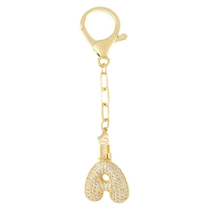 Porte-clés lettre 'a' doré avec pendentif pavé de cristaux et fermoir mousqueton sur blanc