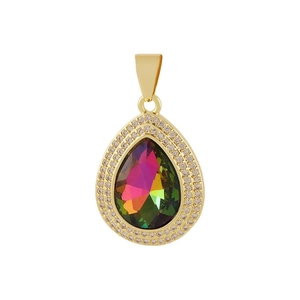 Elegante collana dorata a goccia con gemma cangiante e alone di cristalli scintillanti