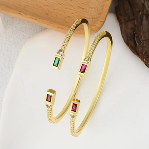 Trendy Brass Open Bangle With Zirconia Rectangle Heart Shape Multi Color Gemstone Gold Plated Cuff Bracelet For Women Party
