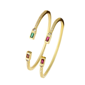 Adjustable gold plated brass open bracelet set with colorful rectangle zircons