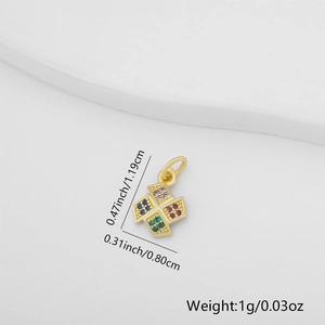 Detailed size specifications of a gold cross pendant with colorful gemstones
