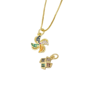 Golden windmill and geometric heart pendant necklace with colorful cubic zirconia