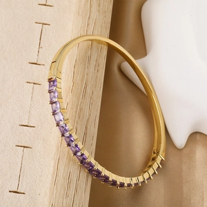 Luxury 18K gold plated copper bangle with square purple zircon stones in a modern design