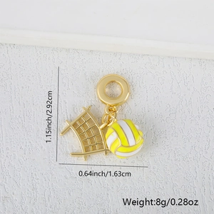Detailed view of volleyball pendant with size and weight measurements in inches and cm
