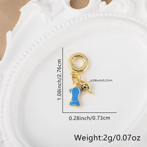 Detailed view of a gold charm with blue enamel dress design and dimensional specs