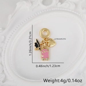 Detailed view of heart charms and suitcase pendant with measurements and weight
