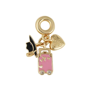 Gold-plated graduation charm featuring a black mortarboard and pink enamel suitcase pendant