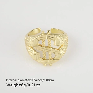 Detail view of gold dollar sign ring showing size specs and hammered texture