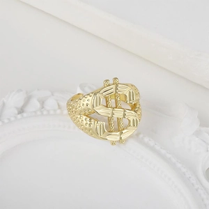 Exaggerated golden dollar sign open ring with embossed punk dot textures for men and women