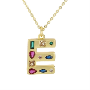 Gold letter E pendant necklace with colorful zircon stones on classic link chain