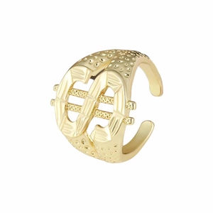 Adjustable golden hip-hop ring featuring a bold interlocking C design with textured band