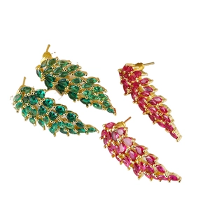 Creative angel wing stud earrings with vibrant green and pink colorful zircon crystals
