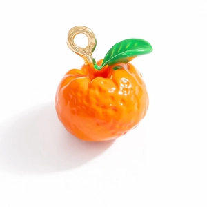 Realistic orange fruit pendant with green leaves and gold ring for DIY jewelry making